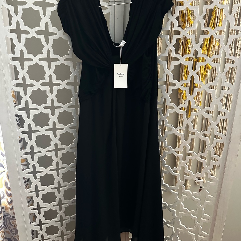 Black Plunge Neck Flutter Sleeve Gown